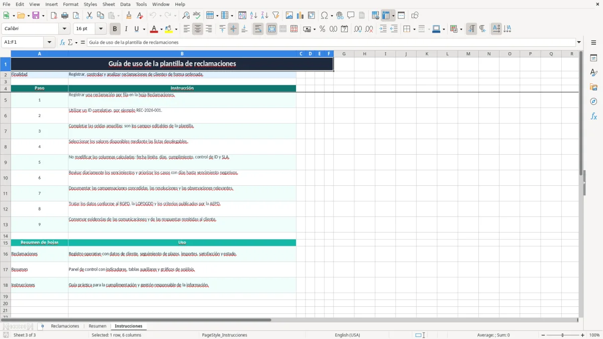 Captura 3: pestaña Instrucciones - Plantilla Excel Seguimiento de reclamaciones de clientes plantilla Excel